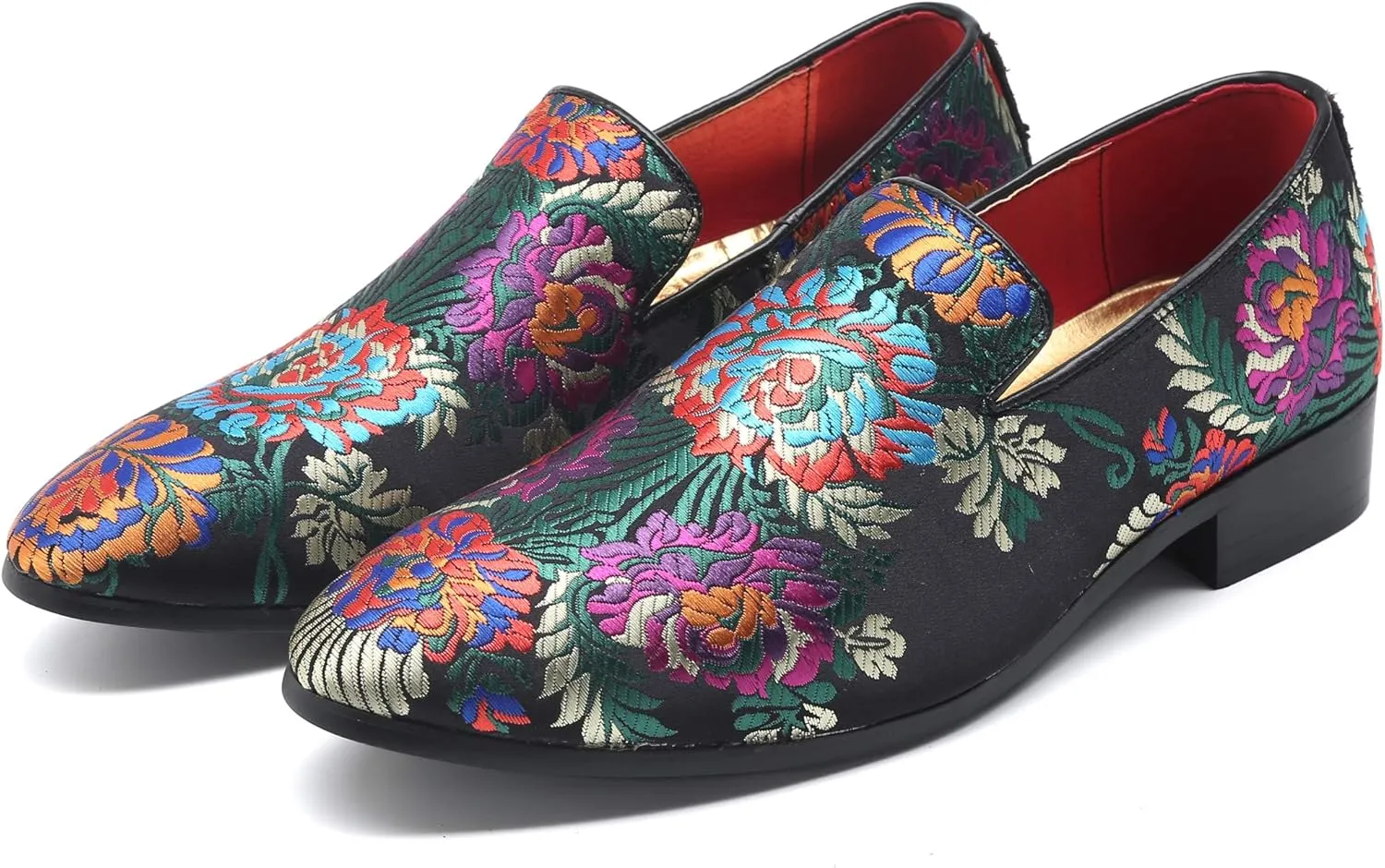 Santimon Mens Dress Shoes Smoking Slippers Casual Bow Slip-on Embroidery Flats Penny-Loafers Black Red