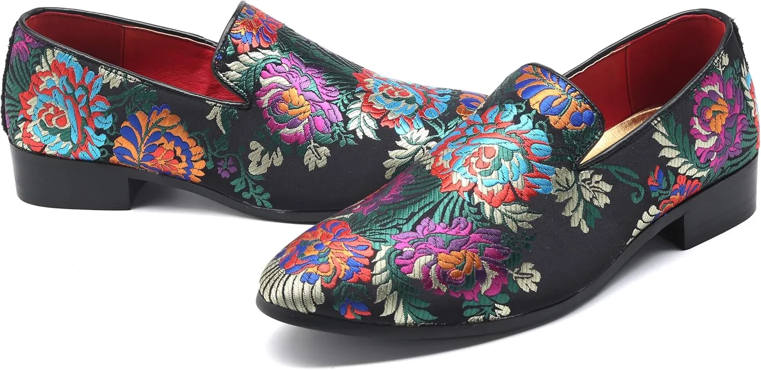Santimon Mens Dress Shoes Smoking Slippers Casual Bow Slip-on Embroidery Flats Penny-Loafers Black Red