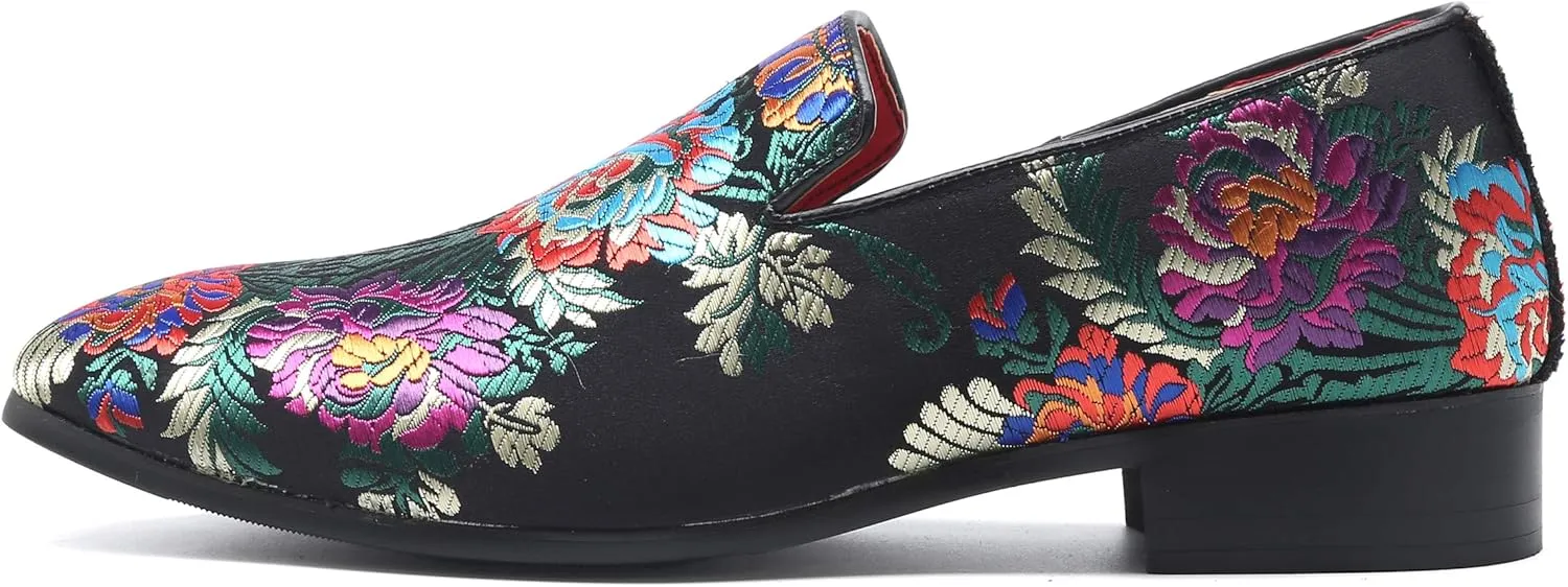 Santimon Mens Dress Shoes Smoking Slippers Casual Bow Slip-on Embroidery Flats Penny-Loafers Black Red