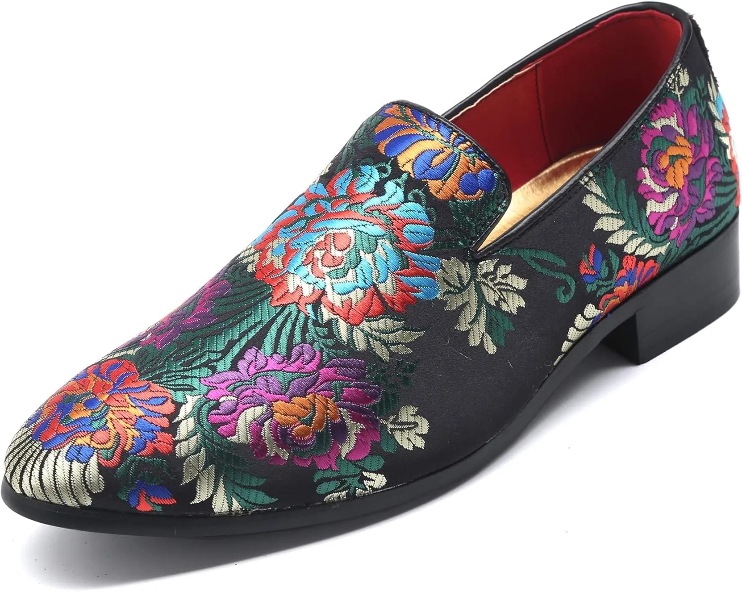 Santimon Mens Dress Shoes Smoking Slippers Casual Bow Slip-on Embroidery Flats Penny-Loafers Black Red