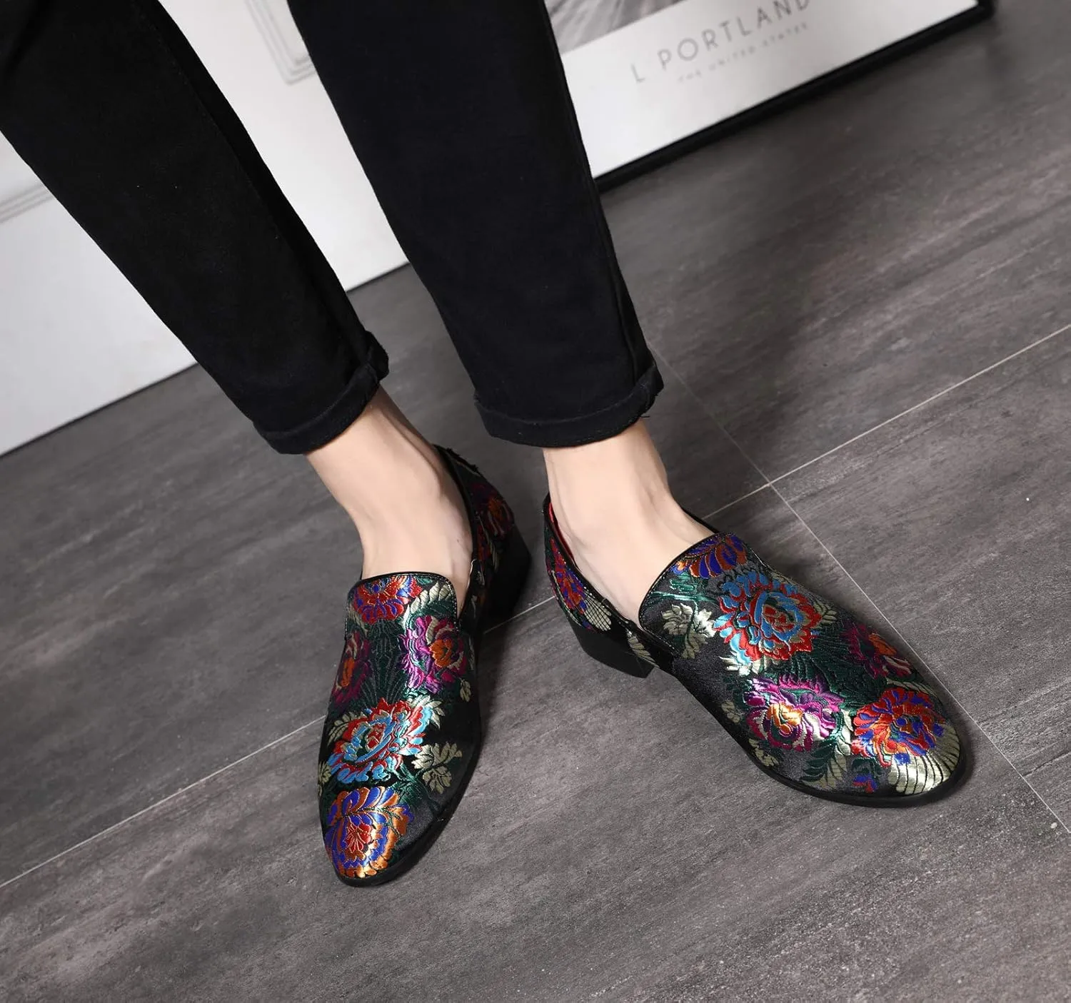 Santimon Mens Dress Shoes Smoking Slippers Casual Bow Slip-on Embroidery Flats Penny-Loafers Black Red