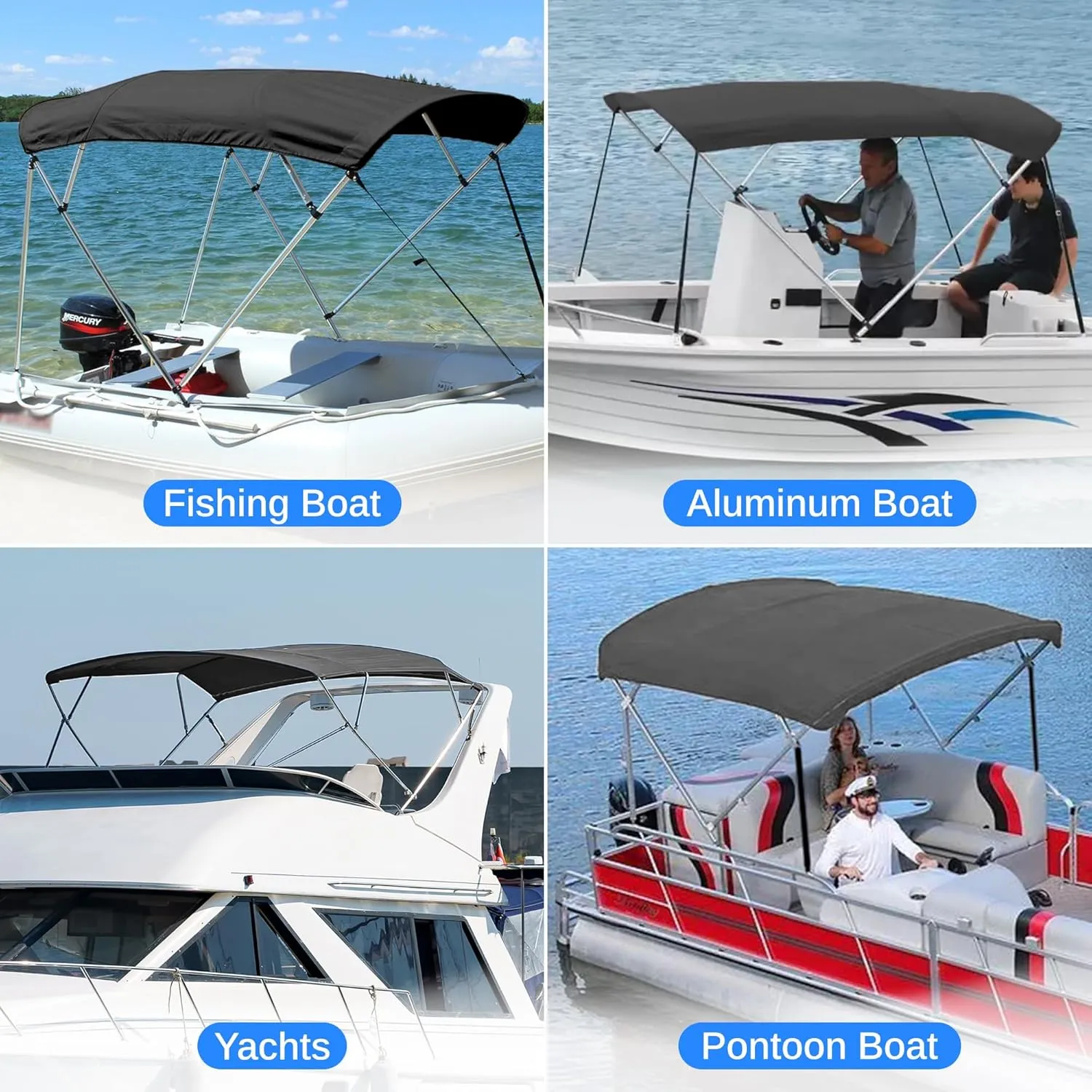 SereneLife 3 Bow Bimini Top Boat Cover –72'' x 73-78'' x 46'', Durable 1" Aluminum Frame, Waterproof & UV-Resistant, Easy Install with Front Straps, Rear Support Arms & Free Storage Boot (Blue)