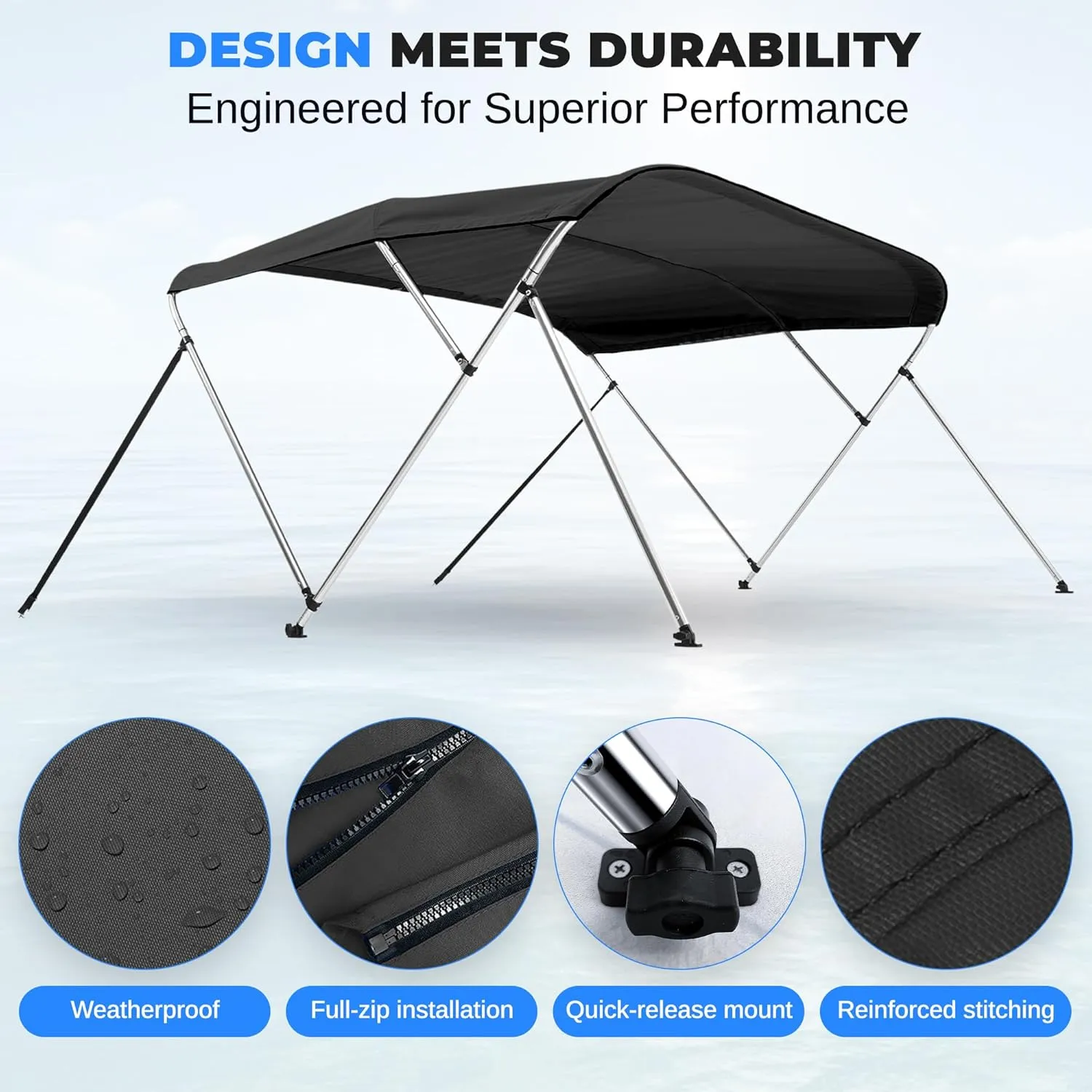 SereneLife 3 Bow Bimini Top Boat Cover –72'' x 73-78'' x 46'', Durable 1" Aluminum Frame, Waterproof & UV-Resistant, Easy Install with Front Straps, Rear Support Arms & Free Storage Boot (Blue)