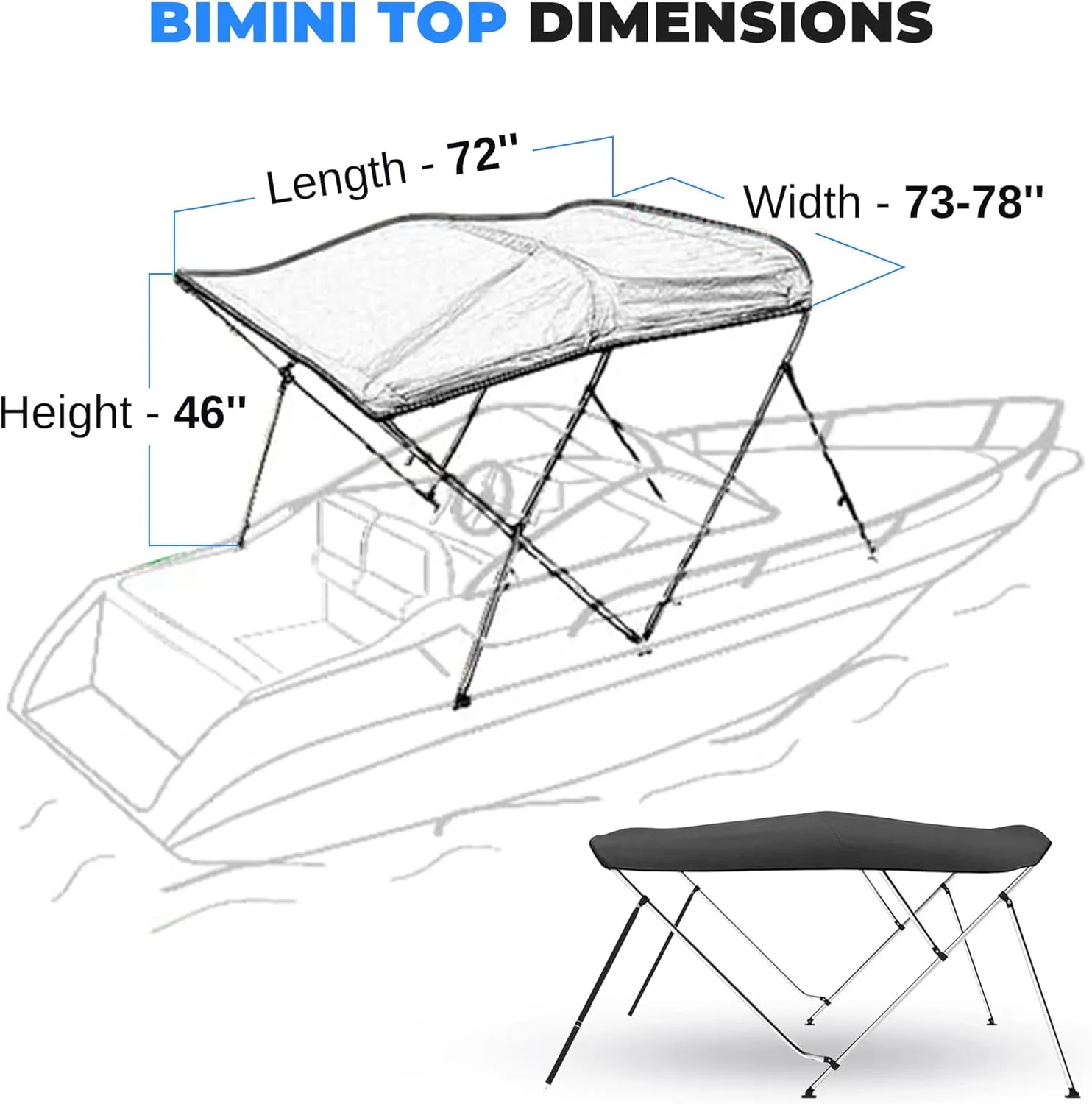 SereneLife 3 Bow Bimini Top Boat Cover –72'' x 73-78'' x 46'', Durable 1" Aluminum Frame, Waterproof & UV-Resistant, Easy Install with Front Straps, Rear Support Arms & Free Storage Boot (Blue)