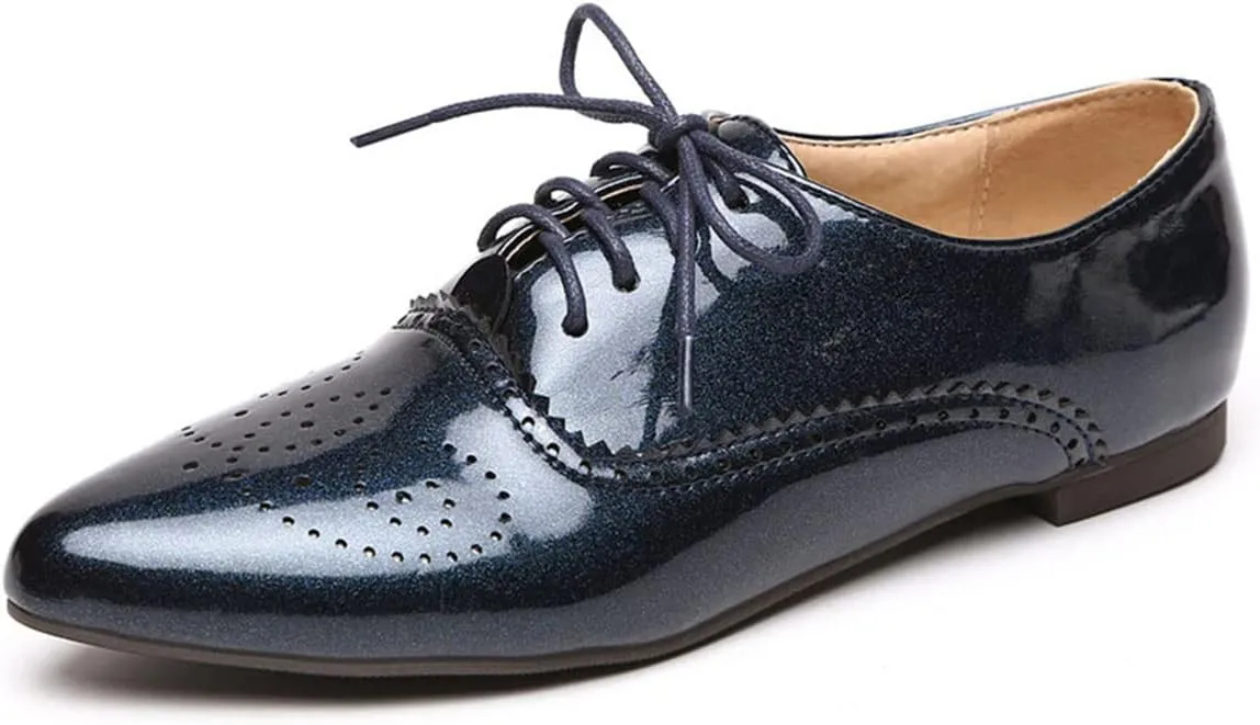 SHEMEE Women's Patent Leather Pointed Toe Flat Oxfords Pumps Vintage Wingtip Low Heels Lace Up Retro Brogues Dress Shoes
