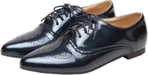 SHEMEE Women's Patent Leather Pointed Toe Flat Oxfords Pumps Vintage Wingtip Low Heels Lace Up Retro Brogues Dress Shoes