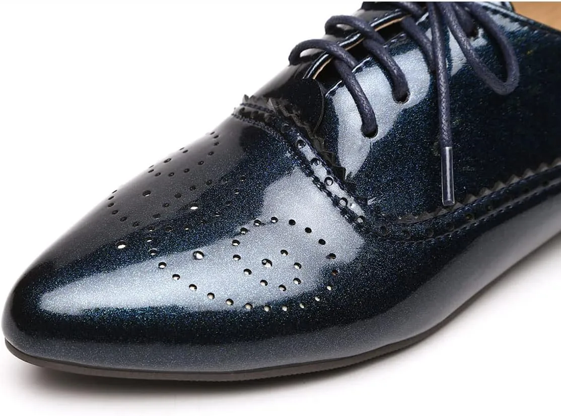 SHEMEE Women's Patent Leather Pointed Toe Flat Oxfords Pumps Vintage Wingtip Low Heels Lace Up Retro Brogues Dress Shoes
