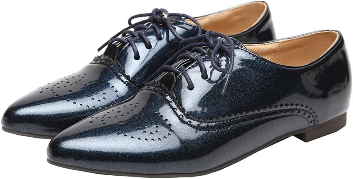 SHEMEE Women's Patent Leather Pointed Toe Flat Oxfords Pumps Vintage Wingtip Low Heels Lace Up Retro Brogues Dress Shoes