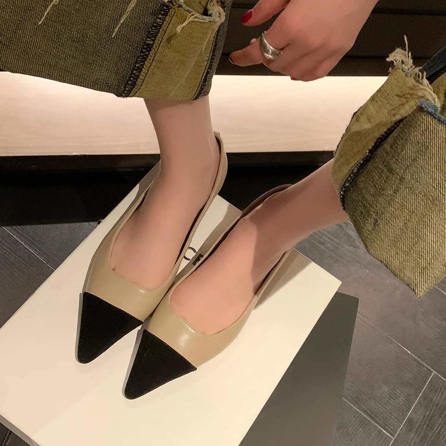 SHODENSE Women Casual Cap Toe Flats Slip on Pointed Toe Ballet Flats Two Tone 0.5" Low Flat Heel Pumps Comfort Colorblock Basic Flat Dress Shoes Work Chic Driver Flats Fall 4-11 M US