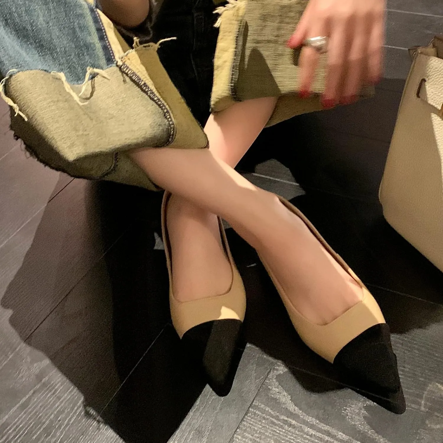 SHODENSE Women Casual Cap Toe Flats Slip on Pointed Toe Ballet Flats Two Tone 0.5" Low Flat Heel Pumps Comfort Colorblock Basic Flat Dress Shoes Work Chic Driver Flats Fall 4-11 M US