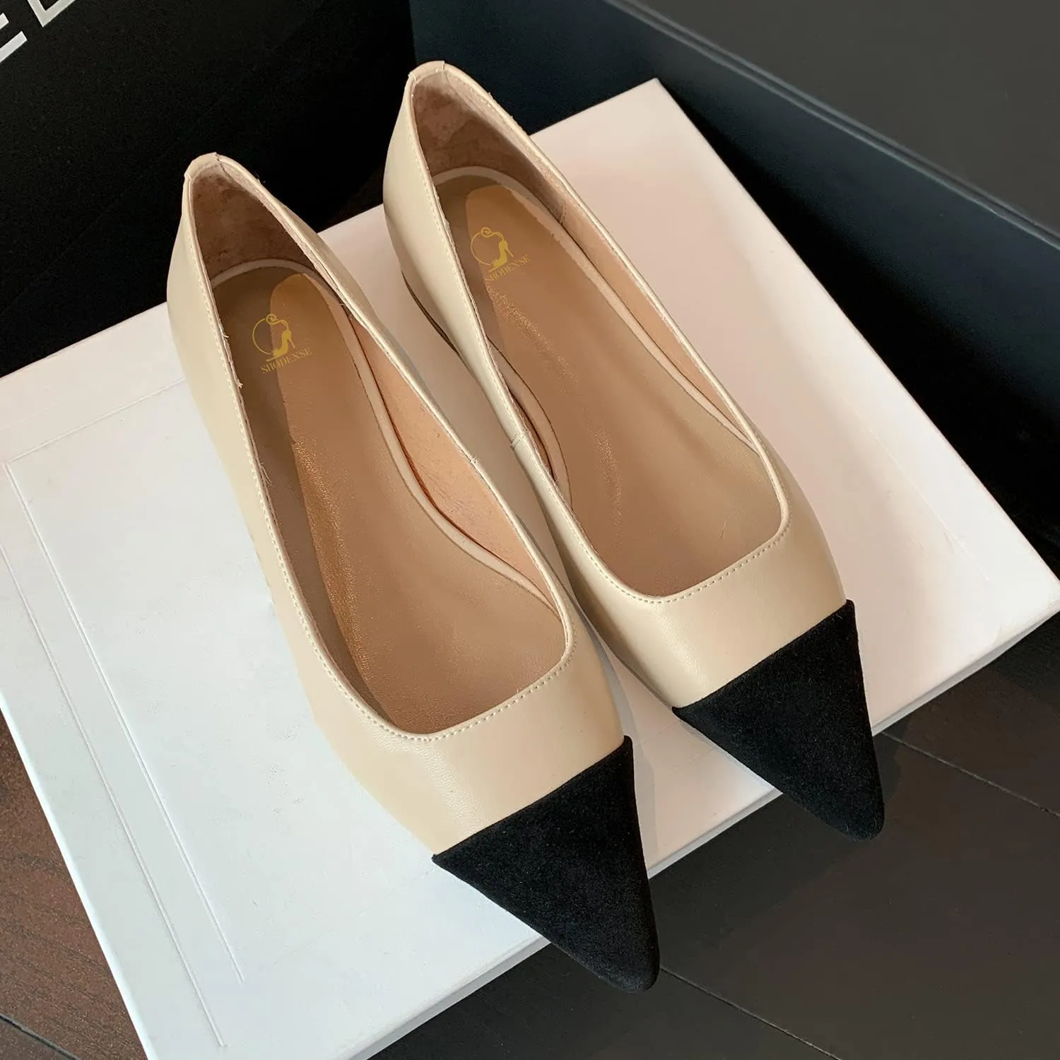 SHODENSE Women Casual Cap Toe Flats Slip on Pointed Toe Ballet Flats Two Tone 0.5" Low Flat Heel Pumps Comfort Colorblock Basic Flat Dress Shoes Work Chic Driver Flats Fall 4-11 M US