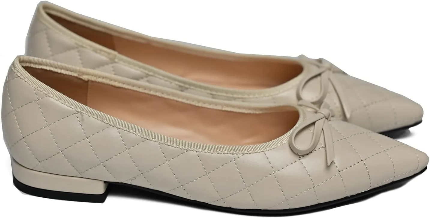 SHODENSE Women Quilted Bow Flats Pointed Toe Slip On Ballet Flats Comfortable Pointy Toe Flat Shoes Bow Tie 0.5 Inch Flat Heel Dress Shoes Matte Office Party Wedding Bridal Driver Flats 4-11 M US