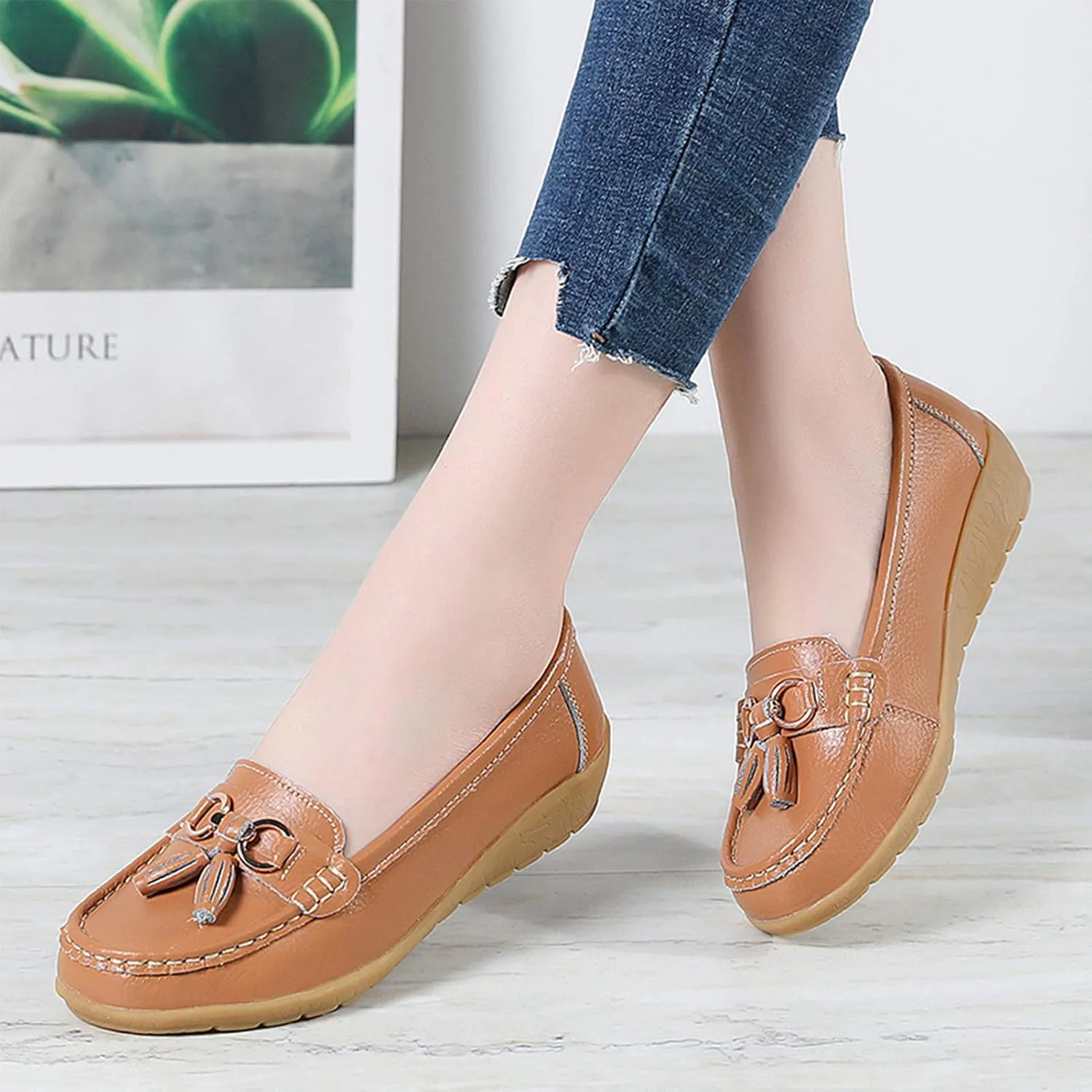 Shoes Loafers for Women Classic Leather Loafers Casual Slip-On Boat Shoes ComfortWalking Moccasins Soft Sole Shoes