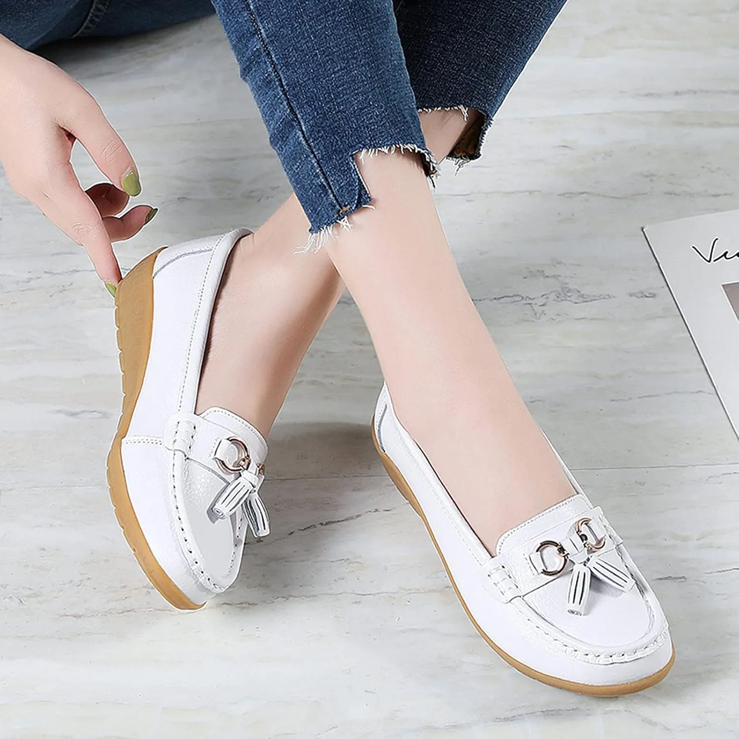 Shoes Loafers for Women Classic Leather Loafers Casual Slip-On Boat Shoes ComfortWalking Moccasins Soft Sole Shoes