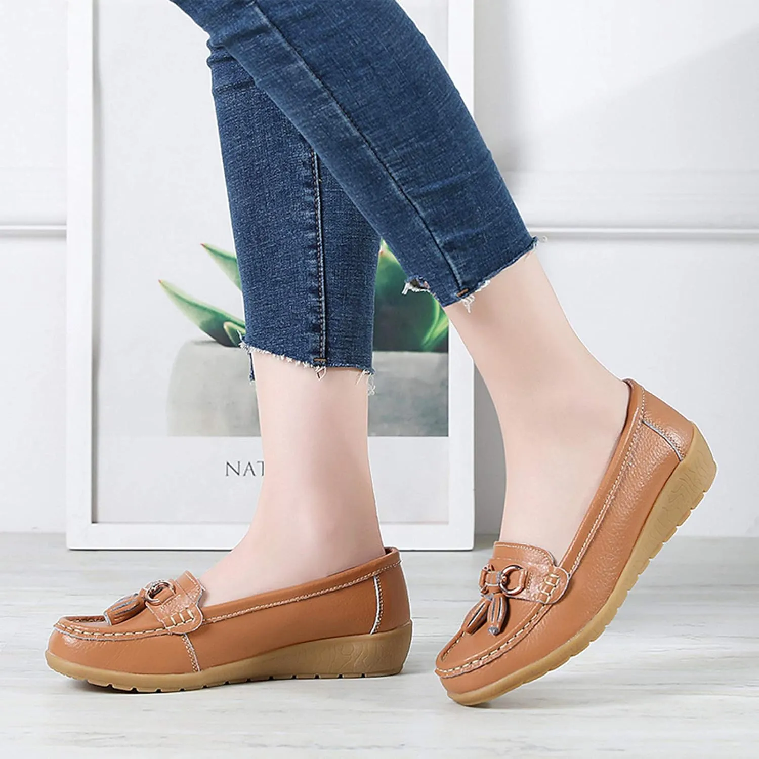 Shoes Loafers for Women Classic Leather Loafers Casual Slip-On Boat Shoes ComfortWalking Moccasins Soft Sole Shoes
