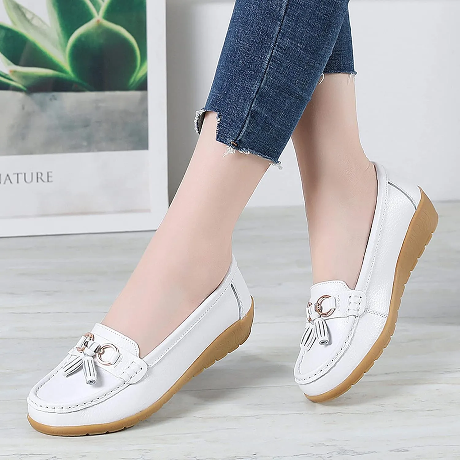 Shoes Loafers for Women Classic Leather Loafers Casual Slip-On Boat Shoes ComfortWalking Moccasins Soft Sole Shoes