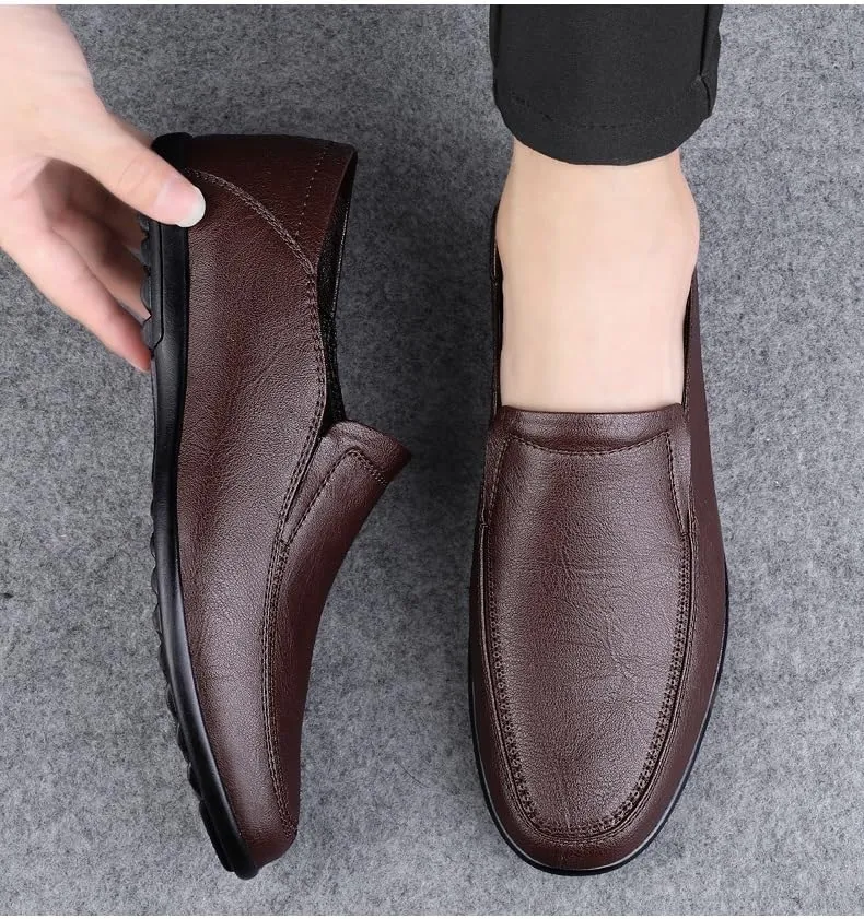 Shoes Soft Loafers for Men Solid Color PU Leather Round Toe Flat Heel Anti-Slip Fashion Slip-ons