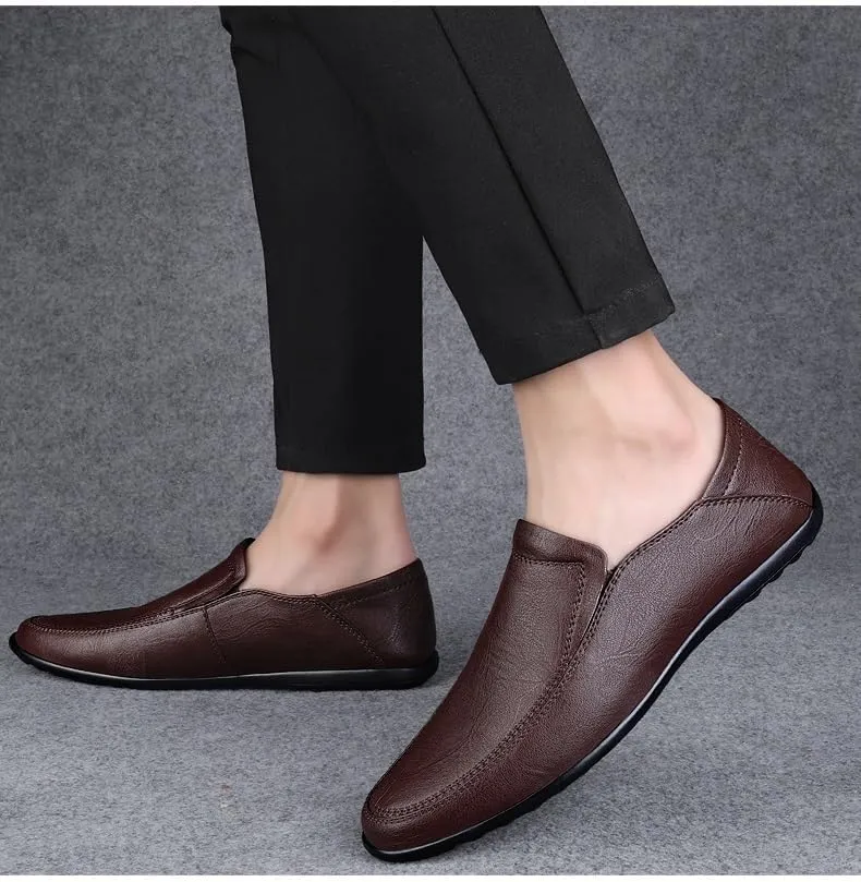 Shoes Soft Loafers for Men Solid Color PU Leather Round Toe Flat Heel Anti-Slip Fashion Slip-ons