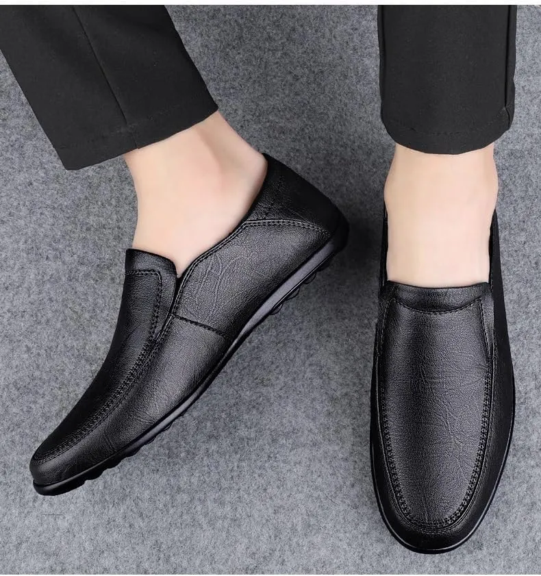 Shoes Soft Loafers for Men Solid Color PU Leather Round Toe Flat Heel Anti-Slip Fashion Slip-ons