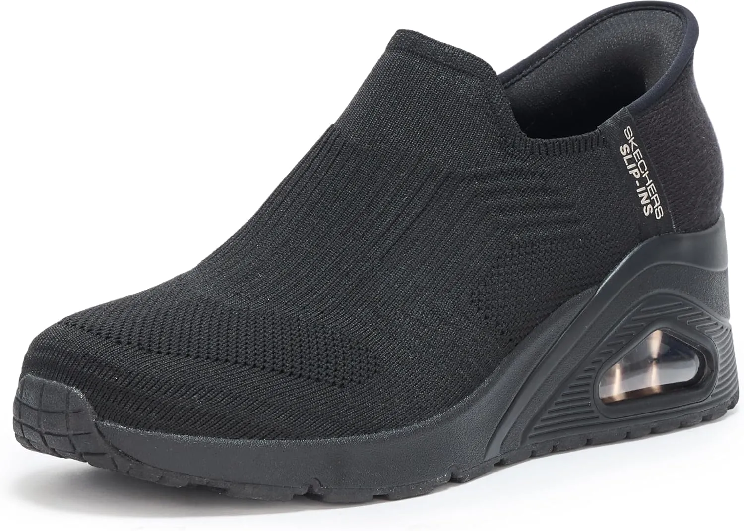 SKECHERS Women's UNO Wedge-Kickin' Knit Hands Free Slip-Ins Sneaker, Black/Black, 5.5