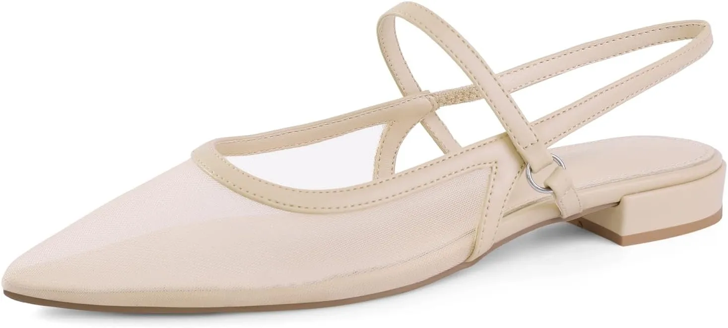 Slingback Flats for Women Mesh Gauze Pointed Toe Low Heels with Buckle Ankle Strap Dress Shoes