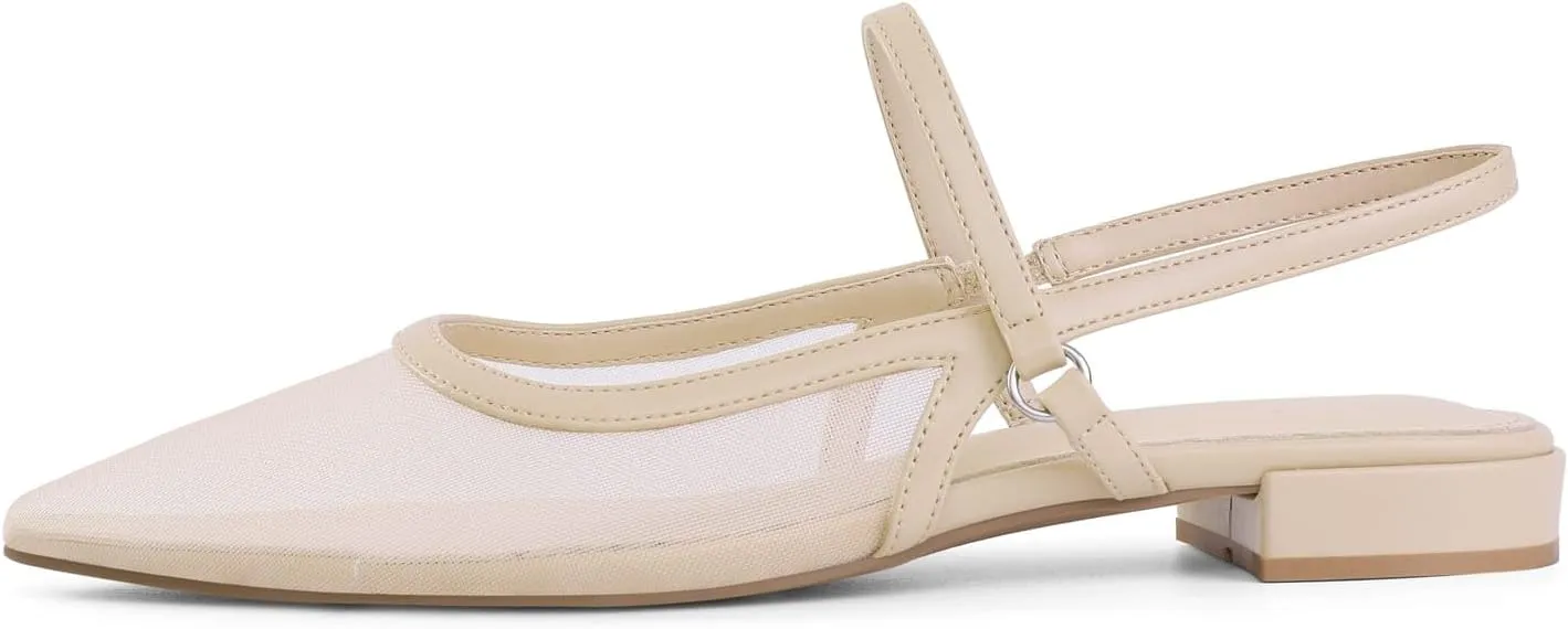 Slingback Flats for Women Mesh Gauze Pointed Toe Low Heels with Buckle Ankle Strap Dress Shoes