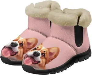 Snow Boots Cute Corgi Shoes Women Fur Lined Winter Unisex Shoes Anti-Slip Lightweight Ankle Boots for Walking Hiking