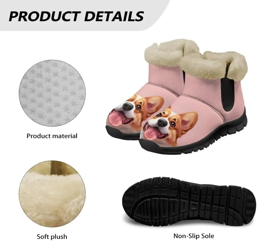 Snow Boots Cute Corgi Shoes Women Fur Lined Winter Unisex Shoes Anti-Slip Lightweight Ankle Boots for Walking Hiking