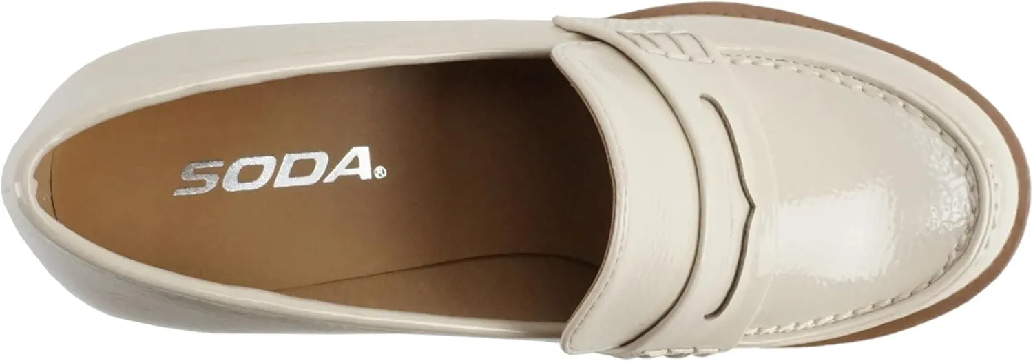 Soda “Kinder” ~ Women Slip On Chunky Mid Heel Lug Sole Penny Loafer Shoe
