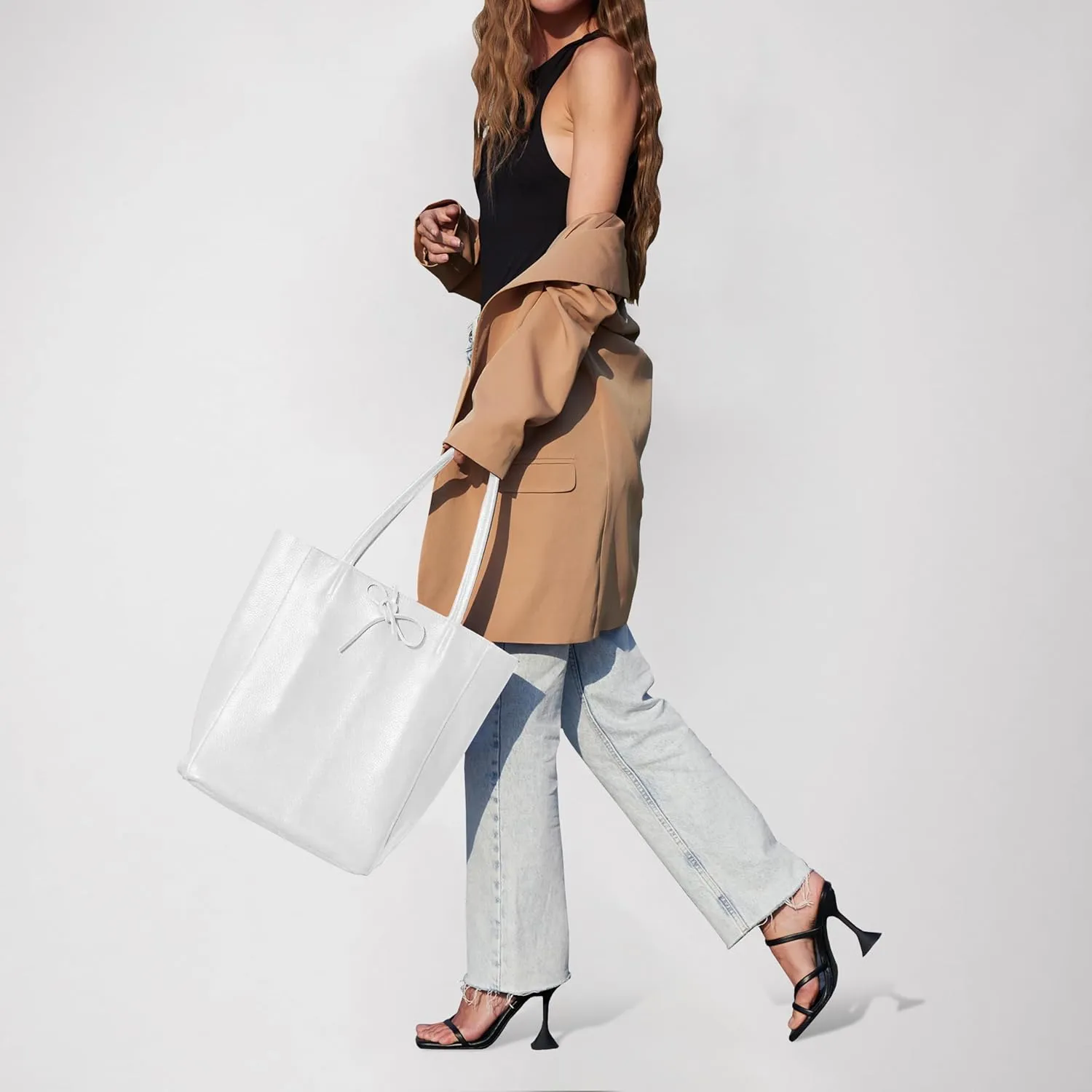 Soft Italian Genuine Calf Leather Tote Bag | Unstructured Unlined Shopper with Zipper, Inside Pocket & Flat Base