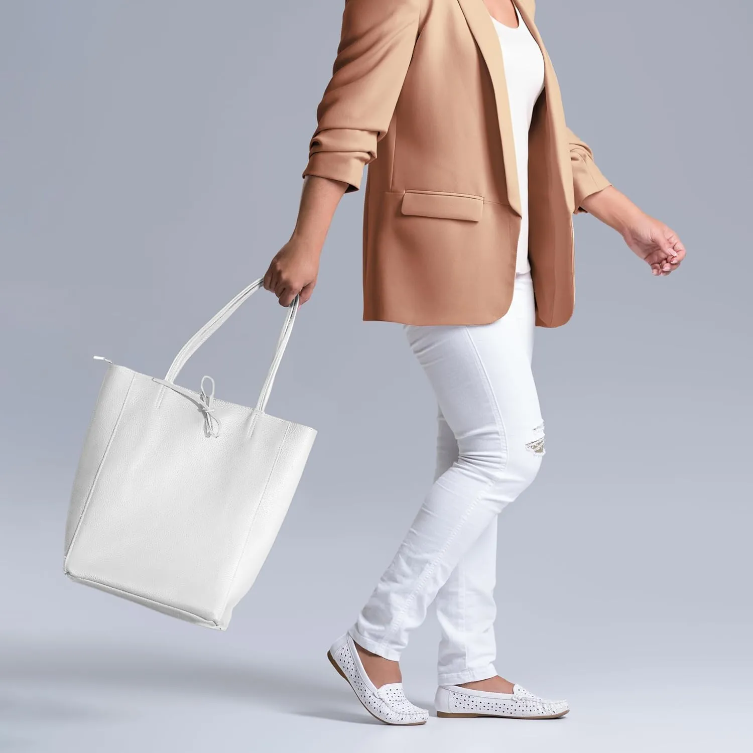 Soft Italian Genuine Calf Leather Tote Bag | Unstructured Unlined Shopper with Zipper, Inside Pocket & Flat Base