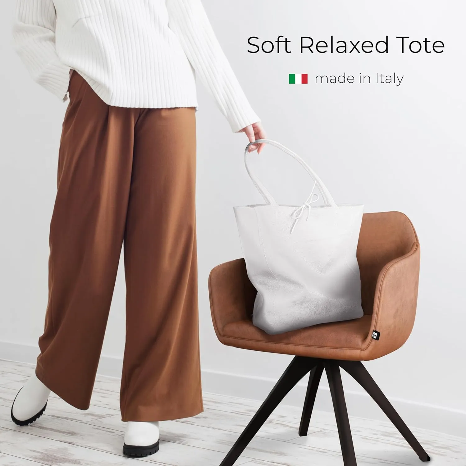 Soft Italian Genuine Calf Leather Tote Bag | Unstructured Unlined Shopper with Zipper, Inside Pocket & Flat Base
