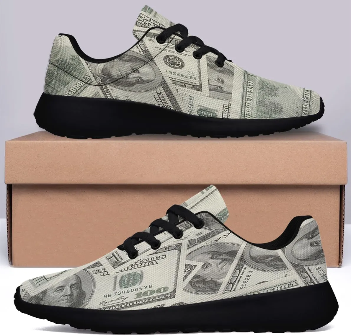 Sonzj-II Money Pattern Fashion Ultra Lightweight Running Sneakers Men Women 100 Dollar Bill Print Walking Tennis Shoes