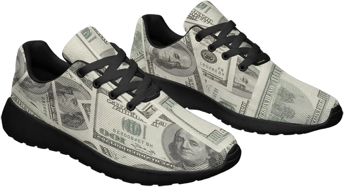 Sonzj-II Money Pattern Fashion Ultra Lightweight Running Sneakers Men Women 100 Dollar Bill Print Walking Tennis Shoes
