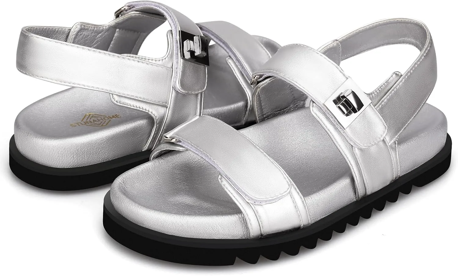 STUNAHOME Women's Flat Platform Sandals Adjustable Double Strap Slip on Leather Open Toe Footbed Sandals