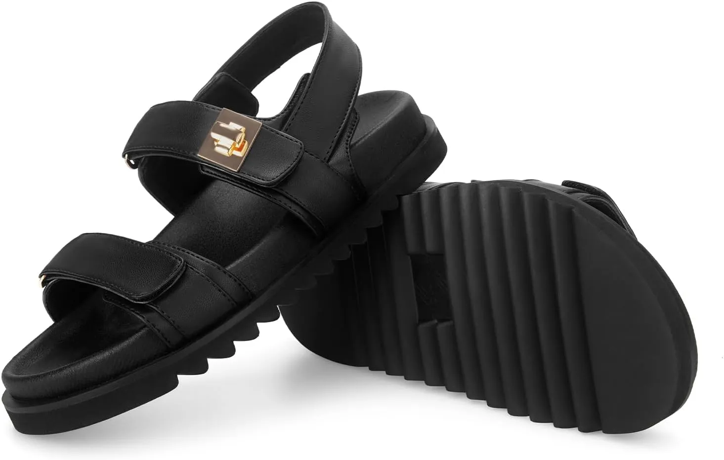 STUNAHOME Women's Flat Platform Sandals Adjustable Double Strap Slip on Leather Open Toe Footbed Sandals