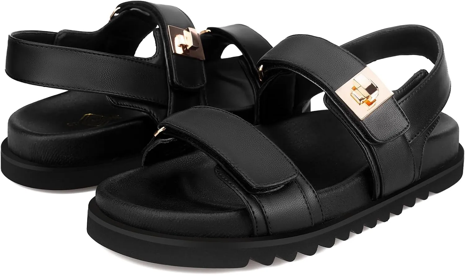 STUNAHOME Women's Flat Platform Sandals Adjustable Double Strap Slip on Leather Open Toe Footbed Sandals