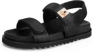 STUNAHOME Women's Flat Platform Sandals Adjustable Double Strap Slip on Leather Open Toe Footbed Sandals