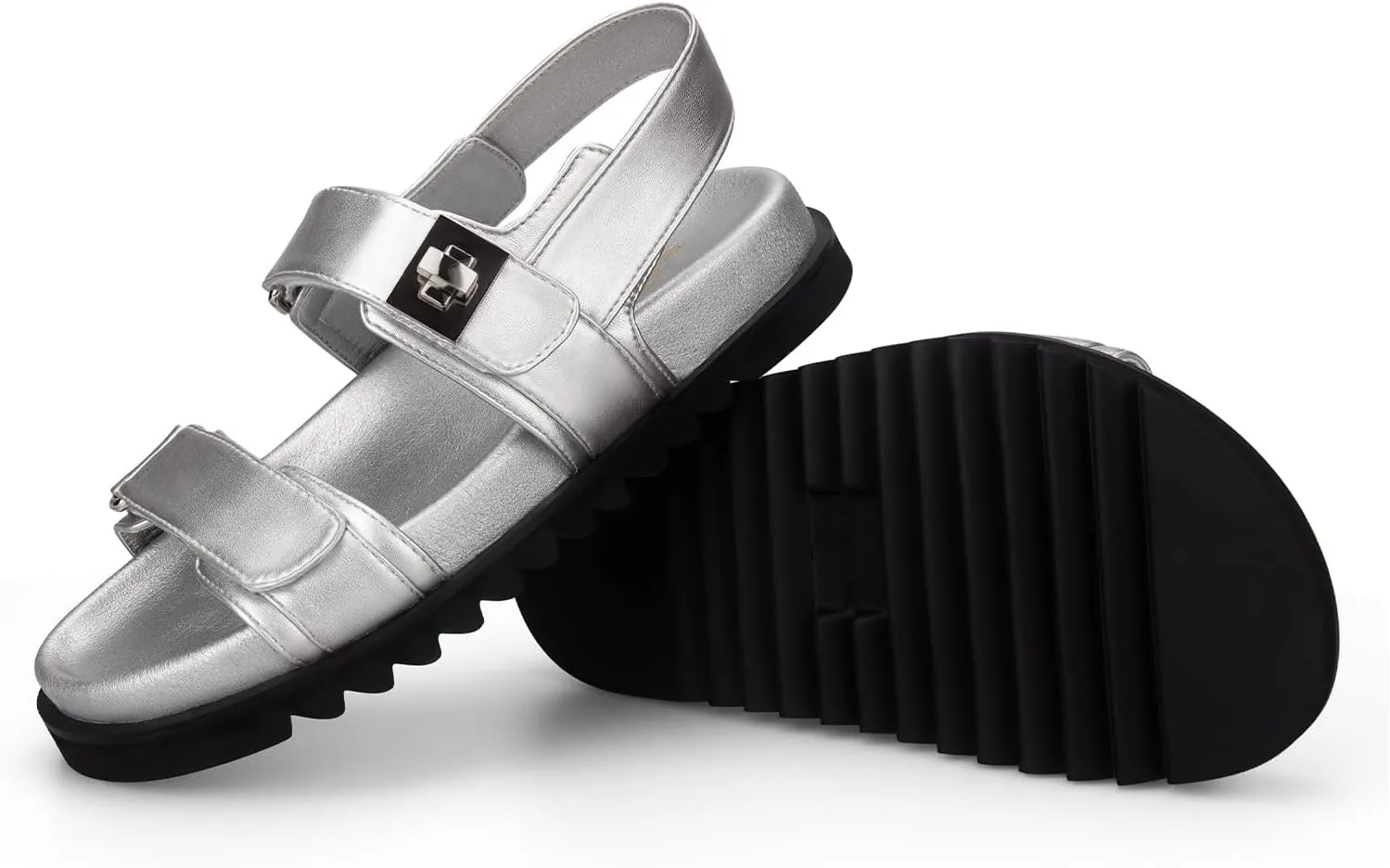 STUNAHOME Women's Flat Platform Sandals Adjustable Double Strap Slip on Leather Open Toe Footbed Sandals