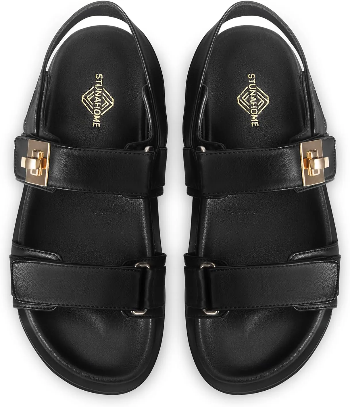 STUNAHOME Women's Flat Platform Sandals Adjustable Double Strap Slip on Leather Open Toe Footbed Sandals