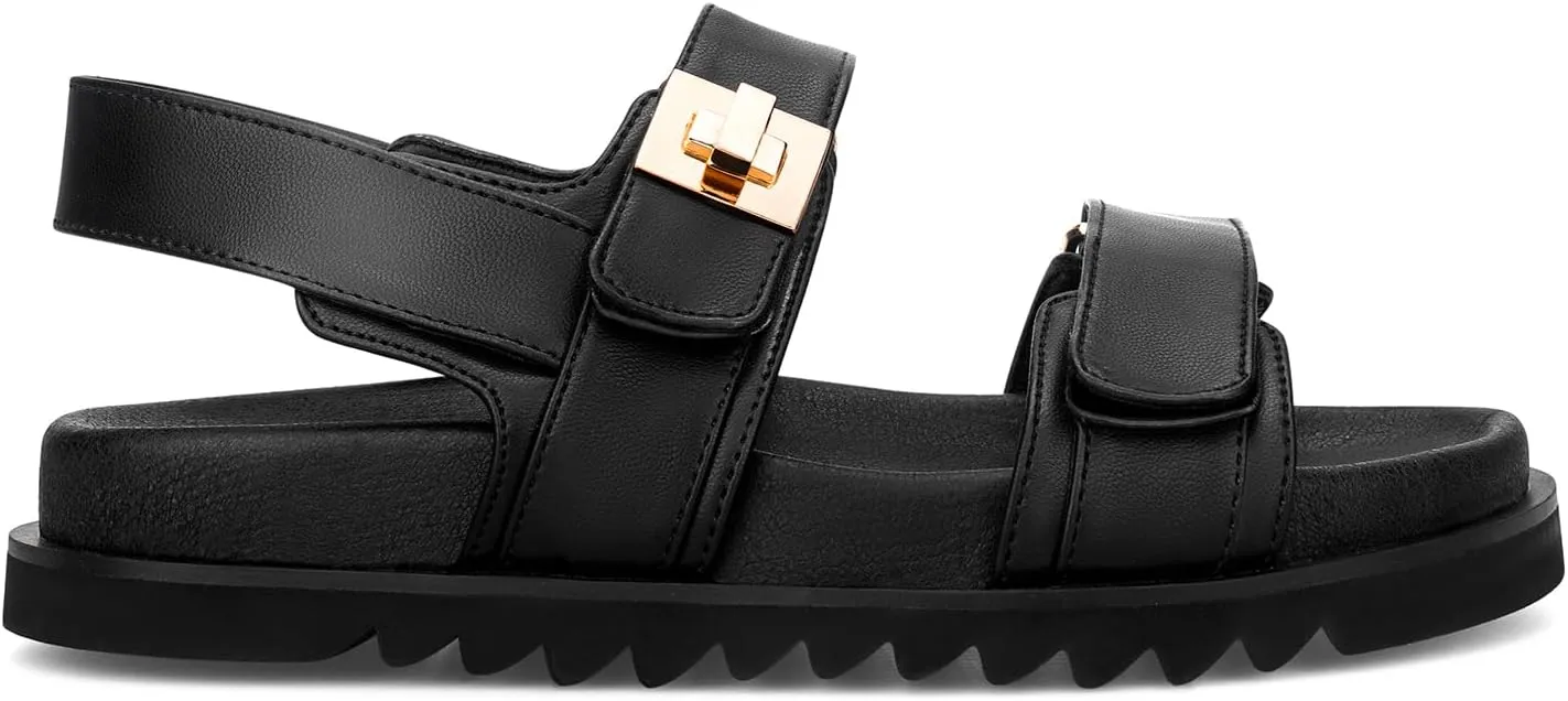 STUNAHOME Women's Flat Platform Sandals Adjustable Double Strap Slip on Leather Open Toe Footbed Sandals