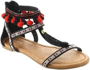T-Strap Bohemian Tassel Pom Pom Zipper Flat Sandals