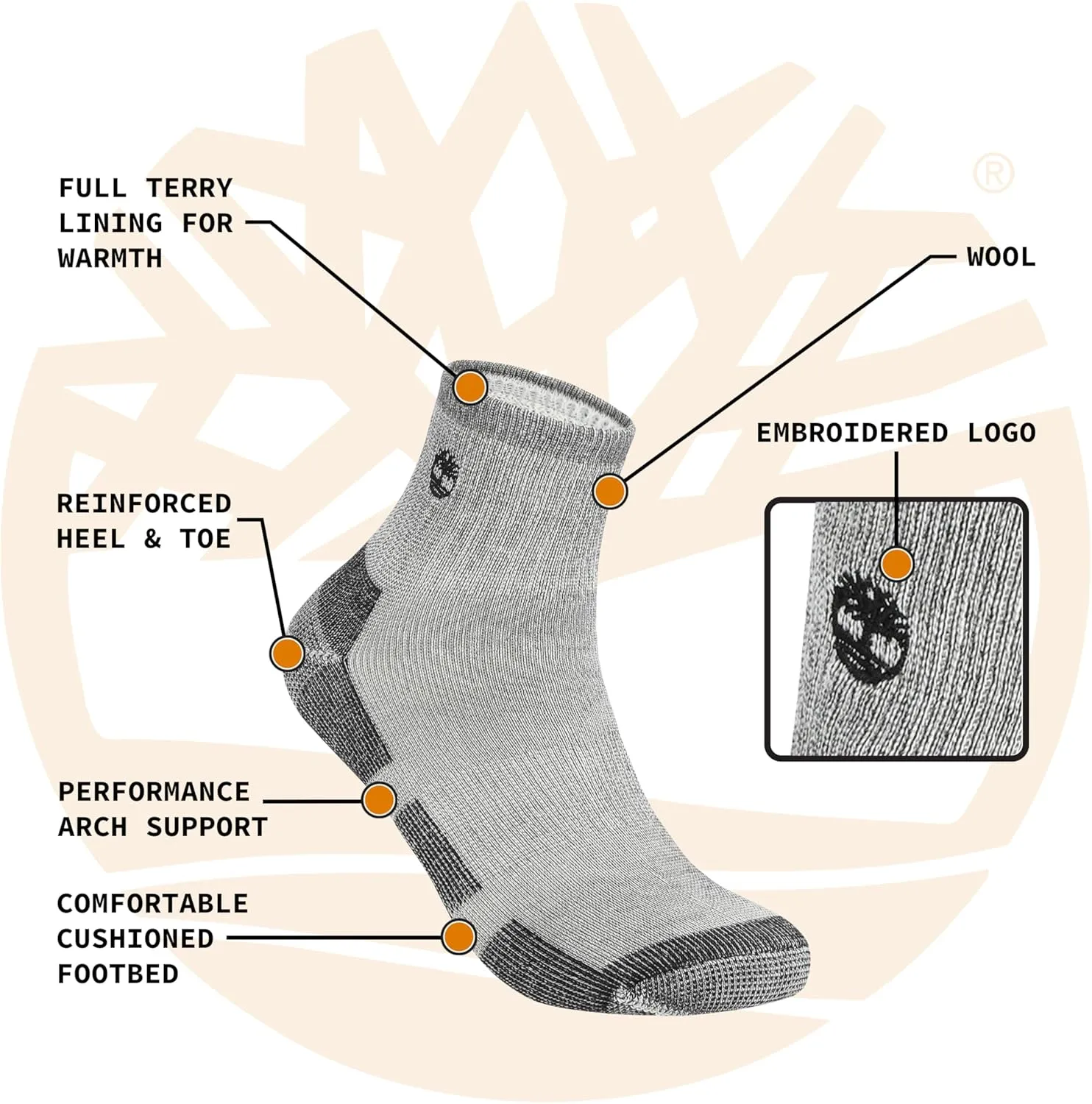 Timberland Men's Wool, Hiking, Winter, Thermal Boot, Full Cushioned Low Cut Quarter Socks with Arch Support