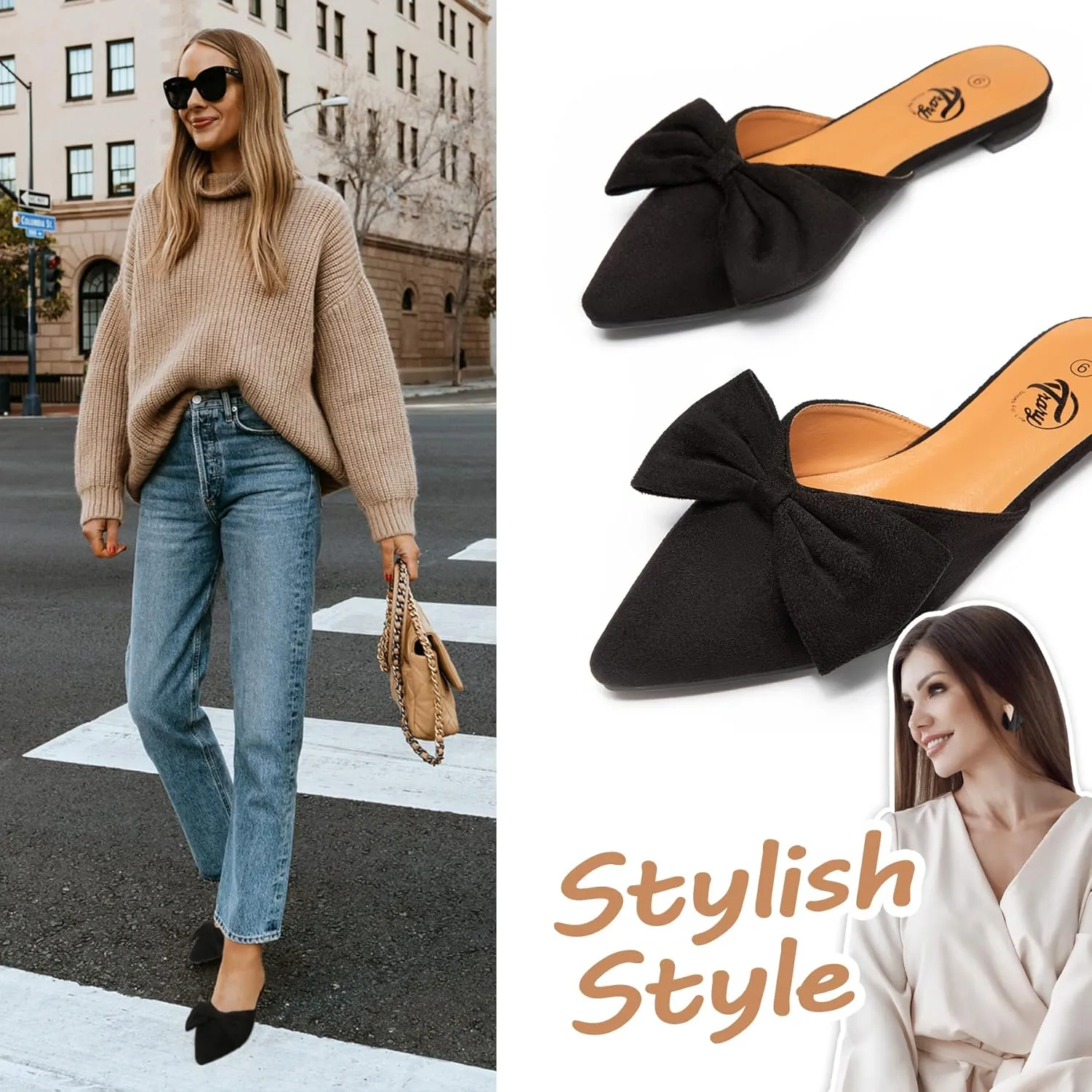 Trary Mules for Women Flats, Pointed Toe Womens Mules with Heels, Black Mules Shoes for Women, Bow Mules Women's Flats, Slip On Flats Flat Mules, Backless Loafers for Women, Women's Mules & Clogs
