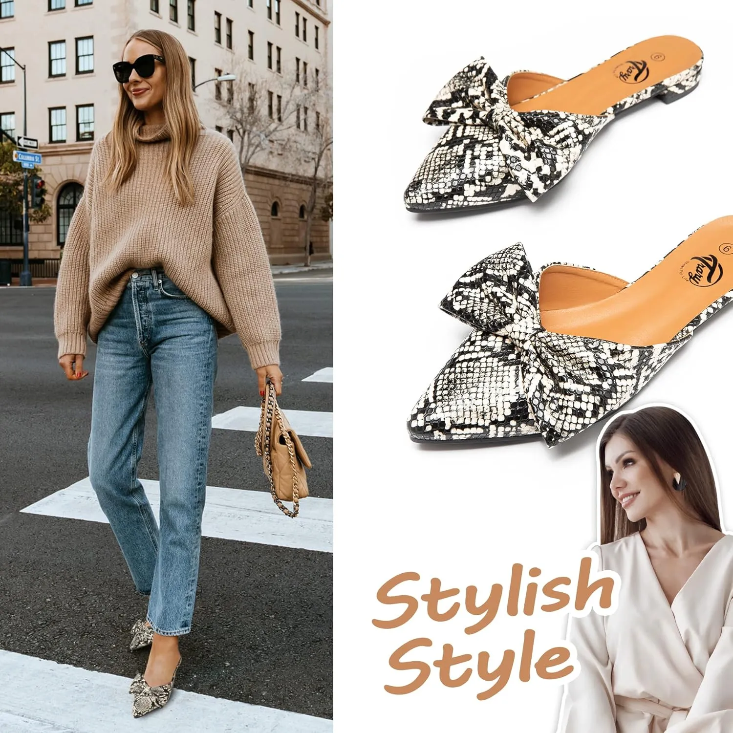 Trary Mules for Women Flats, Pointed Toe Womens Mules with Heels, Black Mules Shoes for Women, Bow Mules Women's Flats, Slip On Flats Flat Mules, Backless Loafers for Women, Women's Mules & Clogs