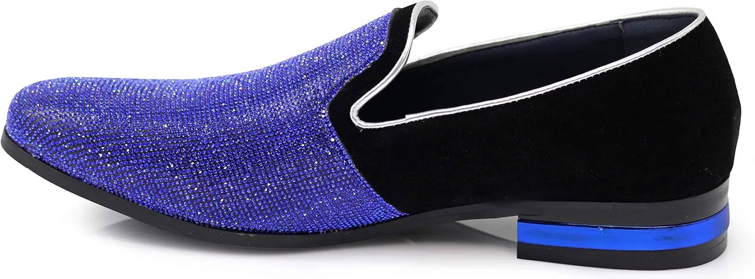 TRS Men Rhinestone Round Toe Suede Chrome Heels Dress Loafer Slip On Fashion Shoes