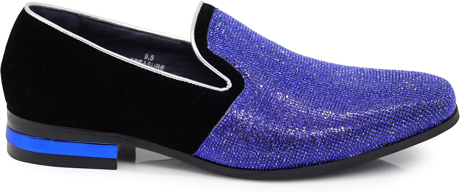 TRS Men Rhinestone Round Toe Suede Chrome Heels Dress Loafer Slip On Fashion Shoes