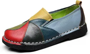 Trsorini Women Casual Loafers Shoes Comfortable Multi Color Stitching Leather Slip on Shoes for Lady Soft Sole Flat Driving Walking Dress