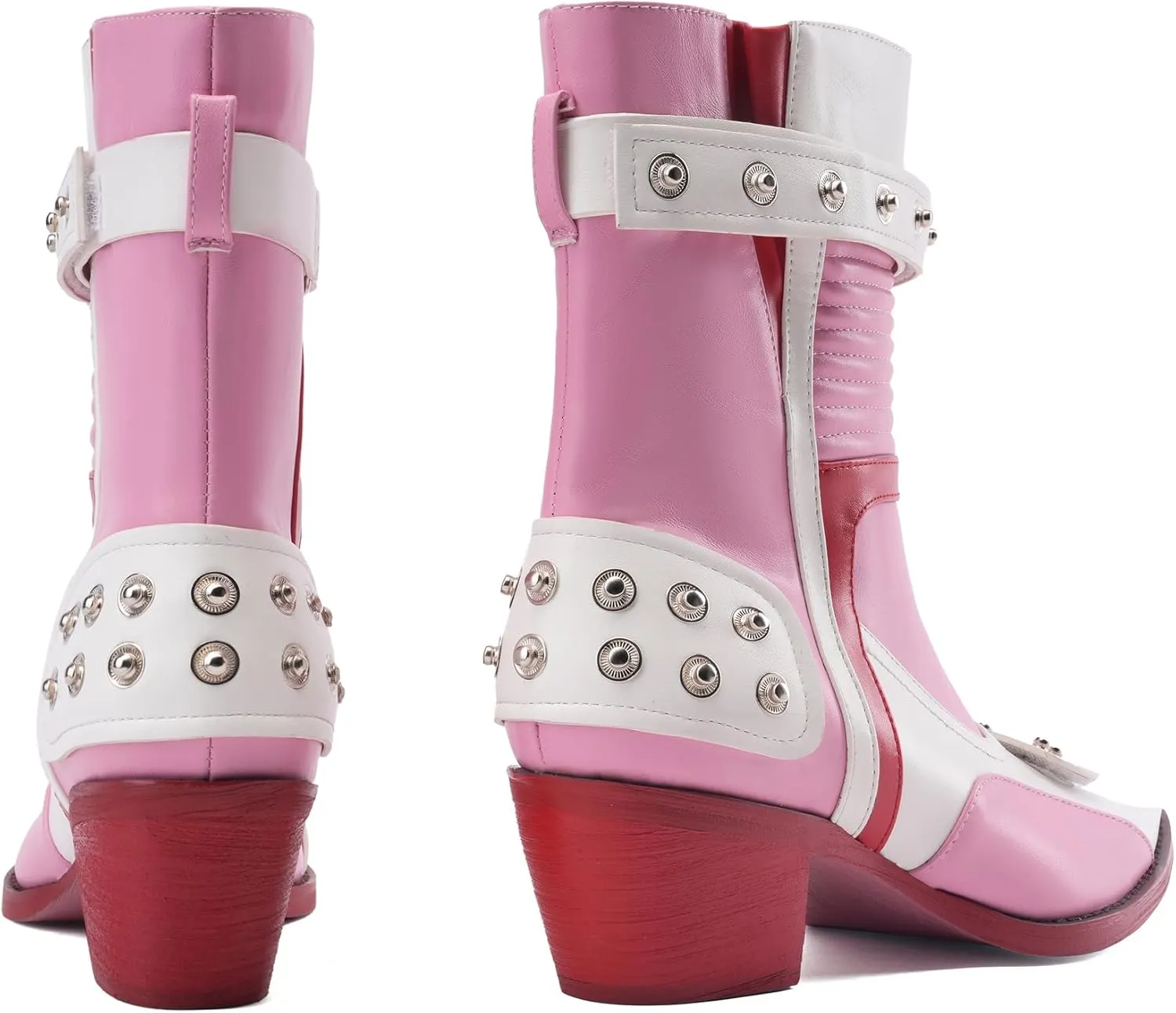 Tsrenlmln Ankle Boots for Women Pointed Toe Heel Rivet Western Cowboy Boots With Tassel Womens Cowgirl Booties Slip-On pink boots red sole
