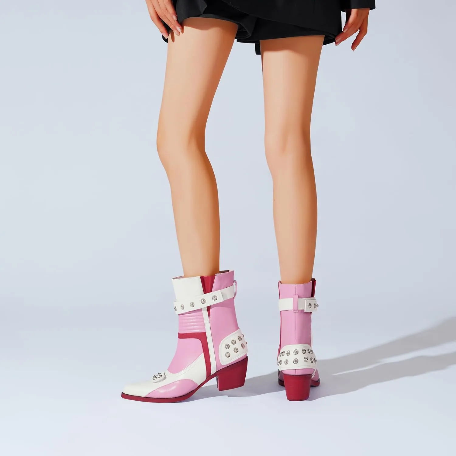 Tsrenlmln Ankle Boots for Women Pointed Toe Heel Rivet Western Cowboy Boots With Tassel Womens Cowgirl Booties Slip-On pink boots red sole